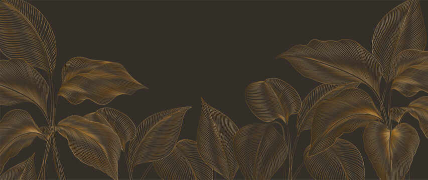 Luxury botanical art background with hand-drawn tropical leaves in a gold line style. Exotic plant pattern is perfect for decor, prints, wallpaper, packaging, textiles, and posters.