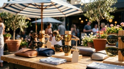 Obraz premium Outdoor boutique table with mirrored sunglasses, matte acetate frames, hard-shell cases, lens cloths, and bold sale tags in warm summer sunlight beside a striped umbrella.