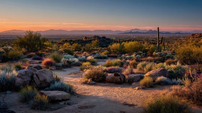 Warm desert panorama featuring cactus, rocky foreground, and blue sky