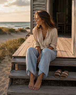 Junge Frau sitzt barfu&szlig; auf der Veranda eines Strandhauses mit Blick aufs Meer. Atmosph&auml;risches Lifestyle-Motiv zu Sommerurlaub, Entspannung, Slow Living, K&uuml;stenleben und Fernweh.