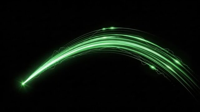 Abstract green light trail with glowing particles and wavy energy lines on black background