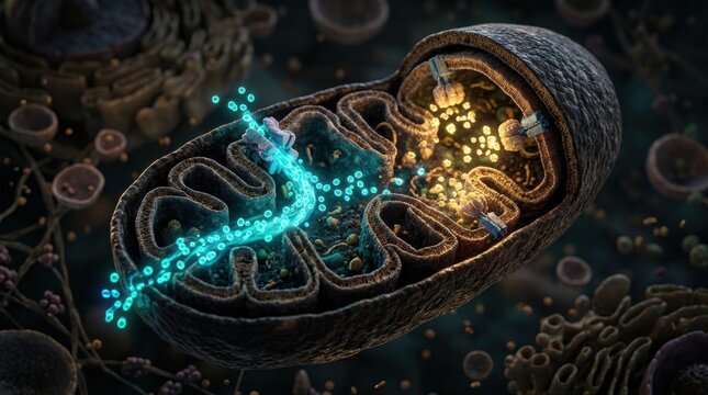 High-detail 3D cutaway of a mitochondrion with double membranes, uniporter protein channels, and glowing calcium ions streaming into the matrix; nearby cytoplasm, ATP particles.