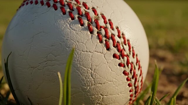 Baseball on green grass field close up.
