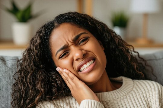 Young woman grimaces in pain from a severe toothache. She holds her cheek and winces while sitting on a couch at home. Experiencing dental discomfort, needing emergency dental care.