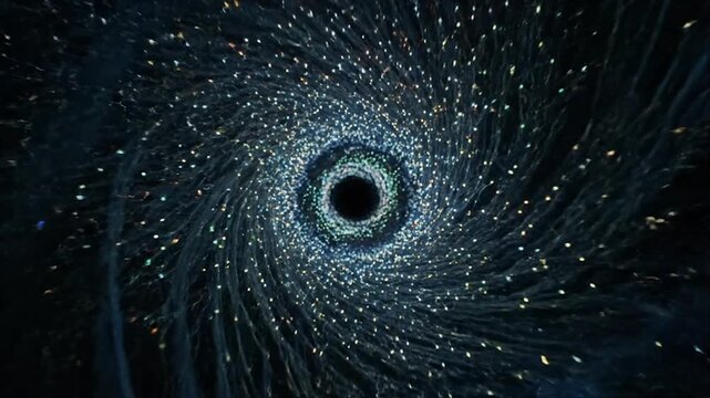 Hypnotic spiral galaxy swirls outward from a deep black center surrounded by glowing cosmic dust particles in space.