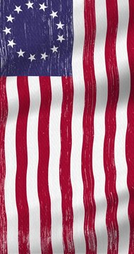 Weathered Betsy Ross USA flag stars and stripes vertical background with seamless loop