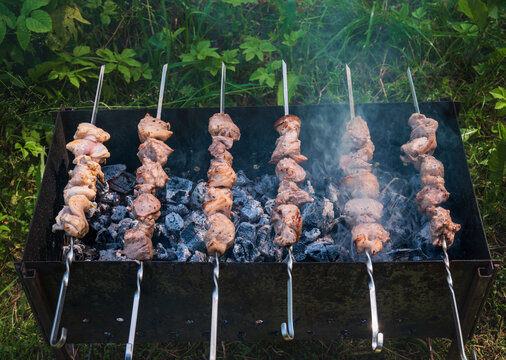 Skewers with pieces of meat grilling over hot charcoal in an outdoor barbecue, with rising smoke and green grass in the background creating a natural picnic atmosphere
