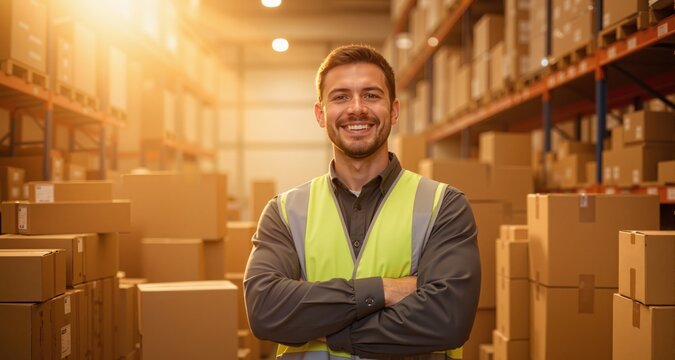 A smiling male worker in a warehouse surrounded by cardboard boxes, on a warm lit background, concept of logistics. Generative AI

