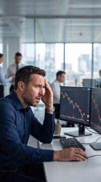 Inversor o trader estresado mirando gr&aacute;ficos financieros a la baja en pantallas de computadora de una oficina corporativa. Concepto de crisis financiera, p&eacute;rdidas y mercado bajista.