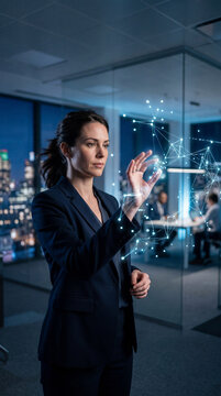 Empresaria en traje formal interactuando con interfaz hologr&aacute;fica de red de datos en oficina nocturna. Concepto de inteligencia artificial, big data y conectividad global.