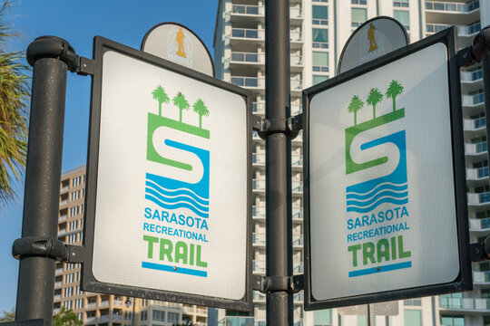 Sarasota, FL, US-May 30, 2026:  Sign for the Sarasota Trail a recreational trail throughout the city.