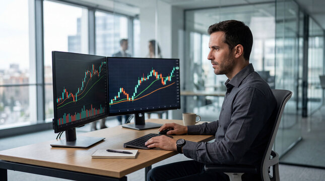 Inversionista enfocado trabajando en la oficina frente a un monitor con gr&aacute;ficos financieros alcistas, analizando el mercado de valores y criptomonedas.