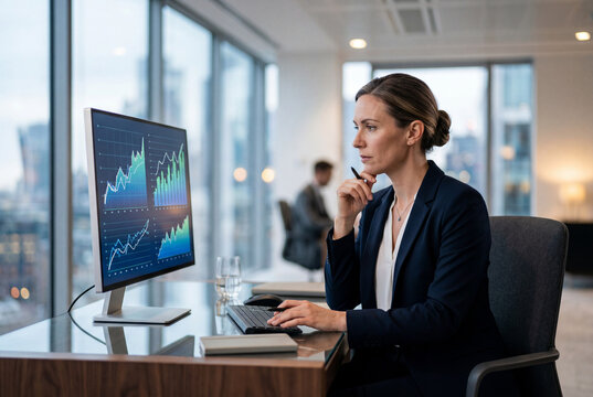 Analista financiera concentrada evaluando gr&aacute;ficos de crecimiento y rendimiento en un monitor moderno, trabajando en una oficina corporativa de alta gama con ventanales a la ciudad.