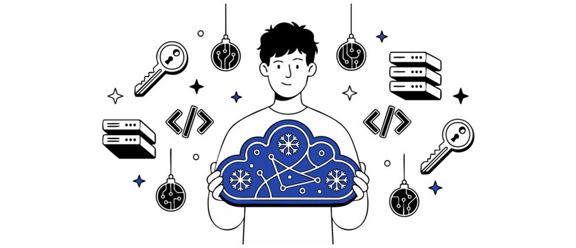 Cloud computing developer holding network storage cloud icon for web hosting database security and programming code software development line art vector illustration concept on white background.