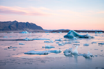 Blue icebergs floating in Jokulsarlon glacial lagoon at pastel sunset © Dave Marzotto