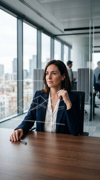 Mujer de negocios analizando gr&aacute;fica financiera futurista flotante en su oficina. Ejecutiva seria sentada junto a escritorio de madera con fondo de ciudad y ventanales corporativos.