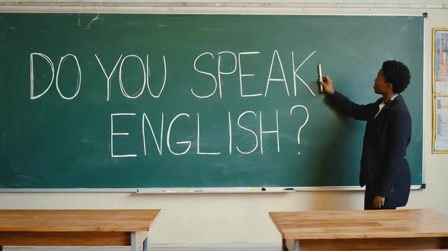 Teacher Writing "Do You Speak English?" on Chalkboard - ESL Classroom Scene with Educator Demonstrating Language Learning Concept.