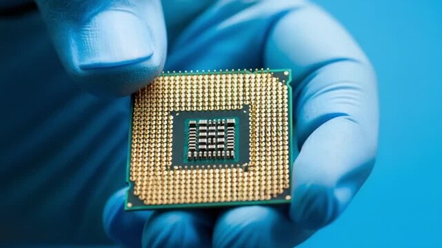 Closeup of a computer processor held by a hand in a blue nitrile glove