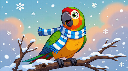 Naklejka premium Cartoon parrot wearing striped scarf sits on snow covered branch during winter snowfall. Bird looks cheerful despite cold weather and snowflakes falling. Festive illustration with bright colors.