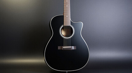 Fototapeta premium Close-up front view of a black acoustic guitar with six strings and white binding against a dark textured background. The wooden instrument is in sharp focus, highlighting its musical details.