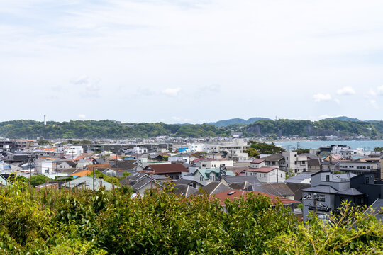 Coastal view of homes in Kamakura, Japan on the Pacific Ocean coast