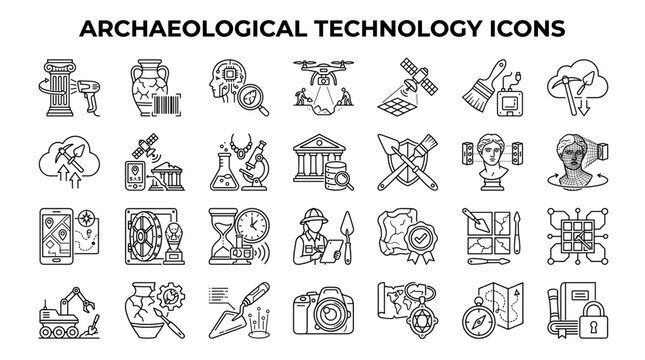 A collection of black and white vector icons representing archaeological technology, including scanning, drones, digital mapping, research tools, and scientific excavation equipment for history.