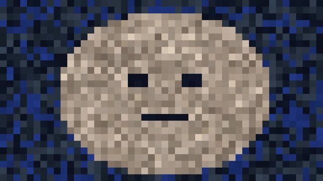 Pixel moon face animation on dark blue 4k background, for retro gaming, and digital projects, 8-bit