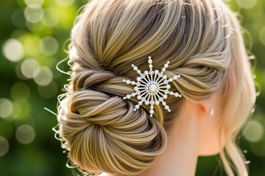 Blonde woman styled hair bun with pearl accessory. Elegant braided updo with soft twists. Romantic bridal hairstyle for wedding day. Glamorous female fashion look.