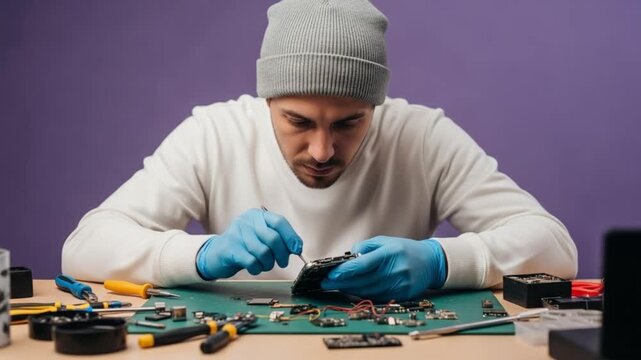 Technician repairing a smartphone with precision tools at a workbench