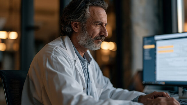 Process in action showing a Lebanese hospital pharmacist loading a clinical drug interaction screening software dashboard with a complex polypharmacy patient profile, alert flags