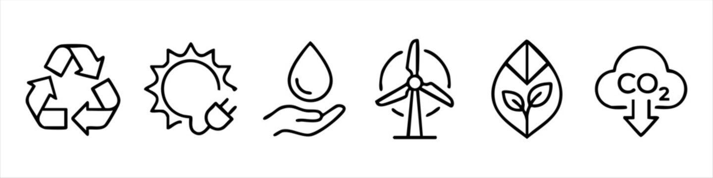 A set of minimalist black line icons representing environmental sustainability, including recycling, solar energy, water conservation, wind power, ecology, and carbon footprint reduction.