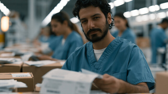 Industrial mail order pharmacy processing room filled with Inuit and Roma technicians packaging individual prescription orders on an assembly line, verification scanners beeping