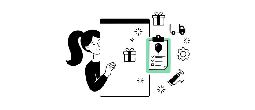 Event planning app vector illustration of woman organizing party with checklist elements and gift delivery icon on phone screen for celebration management, task tracking, and business concept.