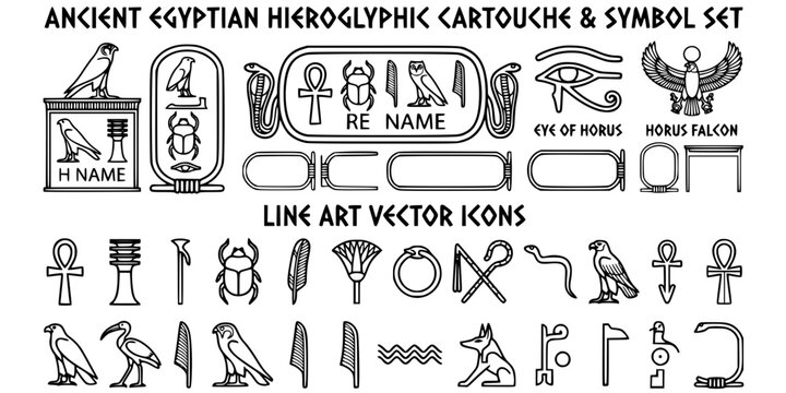 Hieroglyphic Cartouche Line Art Black White-Bird Symbol Eye Horus Name Border-Egyptian Writing Vector-Glyph Icon Line-Ancient Egypt Design Set