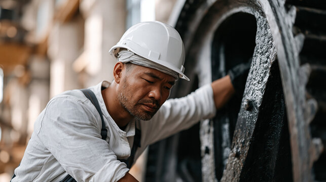 Vietnamese male mechanical engineer leaning into a large iron flywheel mounted on a workshop wall, muscles engaged, early morning light catching metal texture, traction and