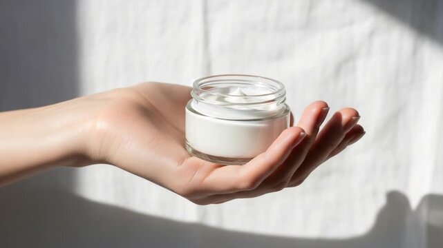 Closeup of a hand holding a small glass jar of white face cream or moisturizer against a bright, sunlit background