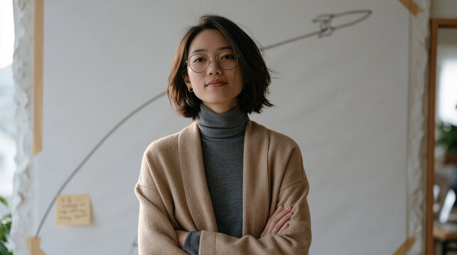 Vietnamese female startup founder standing before a hand-drawn rocket trajectory arc taped to a bare office wall, sparse minimalist studio space with a single motivational index