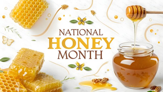 National honey month celebration poster featuring fresh golden honeycomb and organic liquid honey in a glass jar with decorative floral elements
