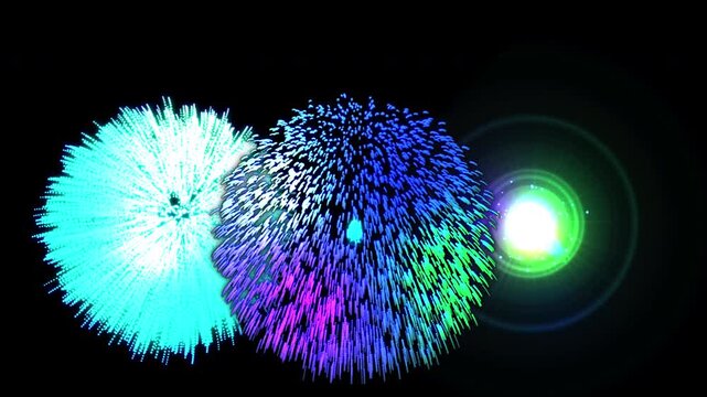 four colours spherical firework burst, glowing green lens flare. Ideal for abstract backgrounds or futuristic designs.