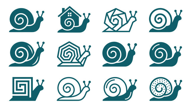 Set of twelve snail logo icons in various minimalist styles