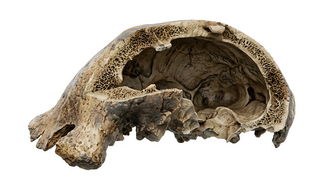 Hyper-Realistic Scientific 3D Render of Java Man Homo Erectus Skull Fragment Replica Isolated on White Background