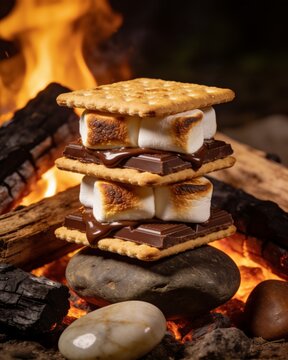 Two stacked smores melt on warm river stones surrounded by glowing embers and burning wood logs inside a campfire on a cozy summer vacation night.