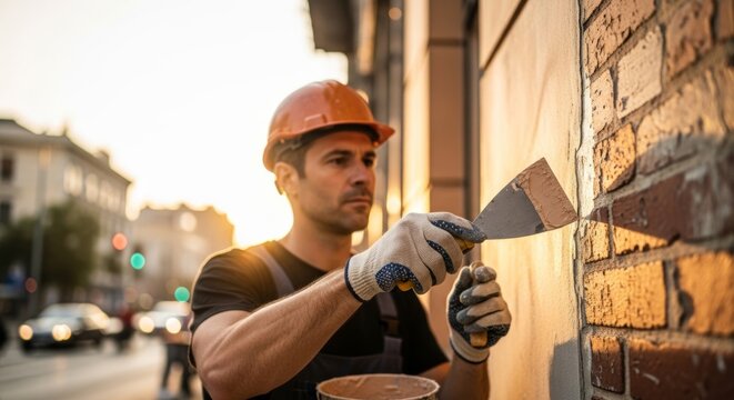 Construction worker applying stucco to brick wall facade with putty knife at golden hour