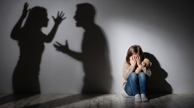 A young girl crouches on the floor holding a teddy bear. She covers her ears as her parents argue nearby. The shadows of the arguing adults loom large on the wall