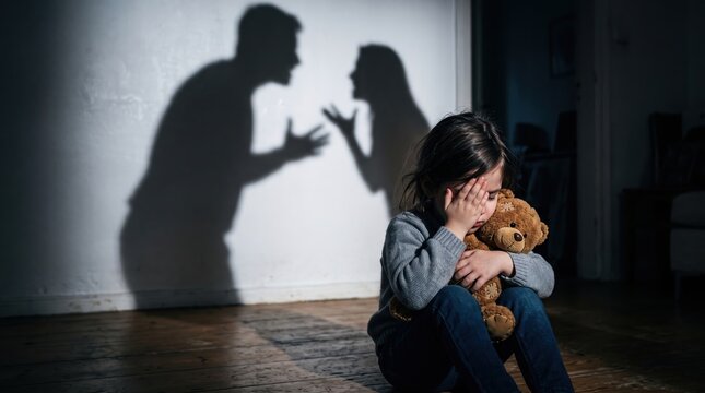 A child sits on the floor holding a stuffed bear. Two adults are visible arguing in the background with their shadows cast on the wall. The room is dimly lit and tense
