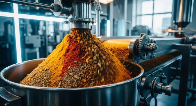 Automated food production line mixing vibrant spices in a factory, showcasing industrial automation and culinary technology.