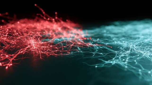 Red glowing nodes shift to a neat teal pattern, depicting the balance of a neural network on a dark surface, representing nervous system regulation.