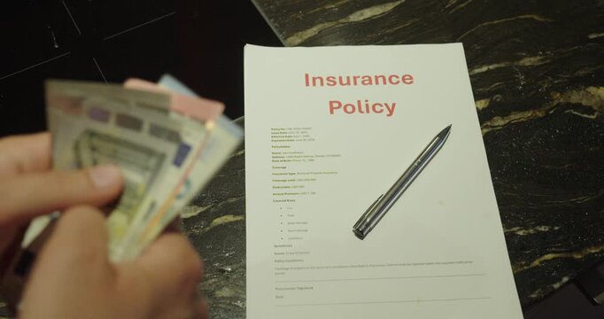 Close-up of a person holding cash in front of an insurance policy document. Concept of insurance costs, premiums, financial planning, coverage, and personal finance.