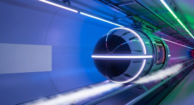 Futuristic hyperloop capsule speeding through neon-lit vacuum tunnel, advanced transportation concept with copy space.