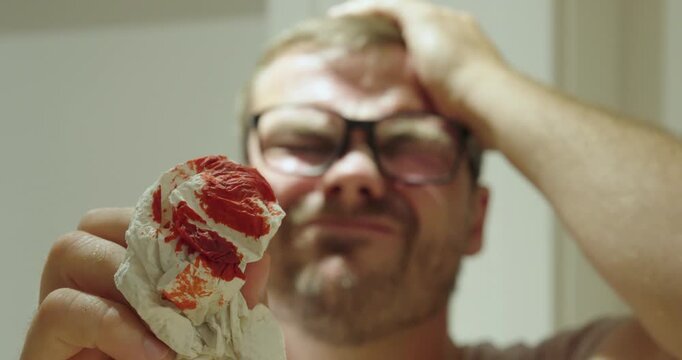 Man with Head Injury Holding Bloody Cloth